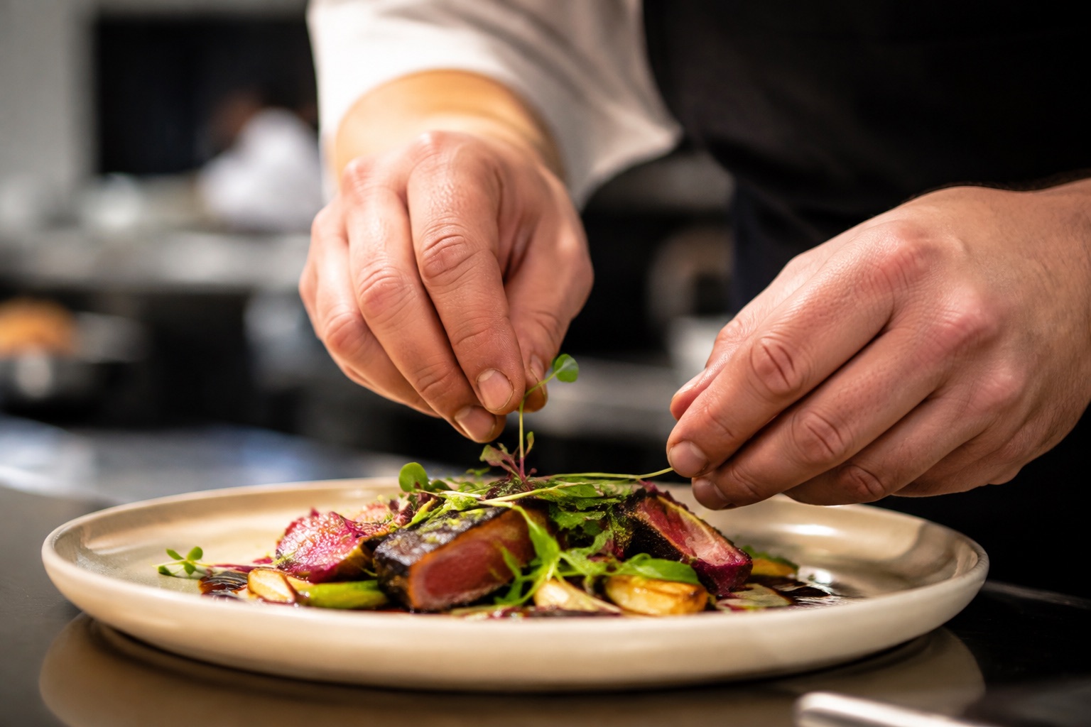 Chef dressant une assiette en cuisine