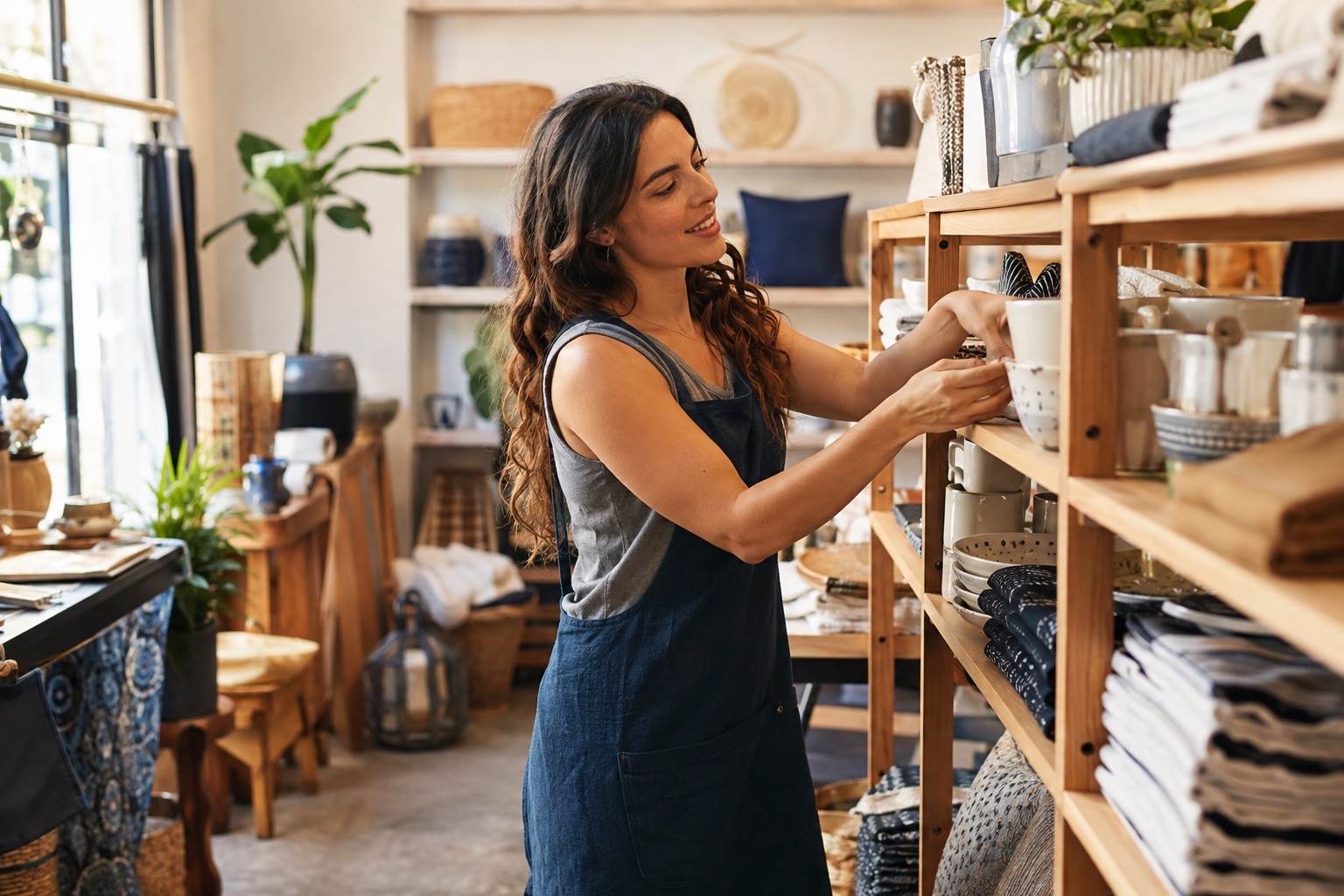 Commerçante préparant les rayons de sa boutique