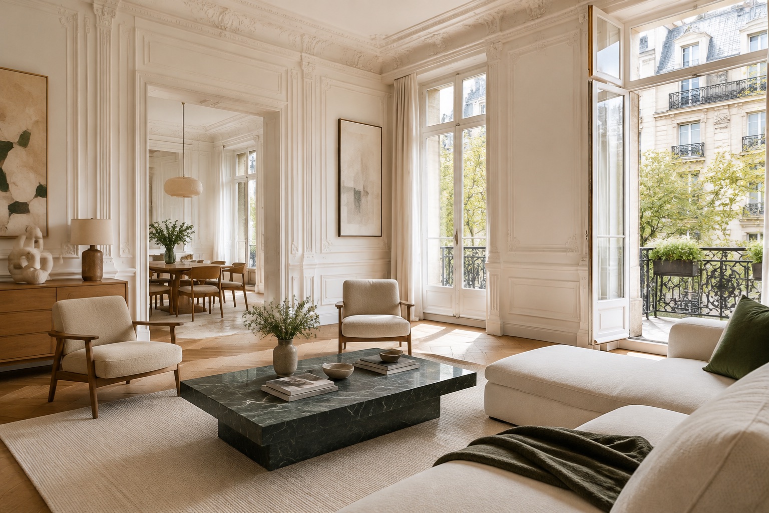 Appartement lumineux avec moulures et grandes fenêtres